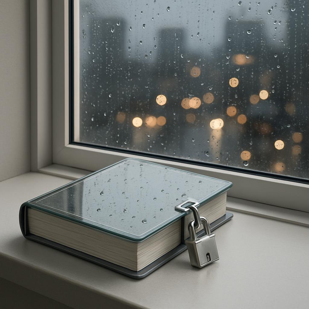 A book sits by a window on a rainy day, with raindrops and city lights visible outside.