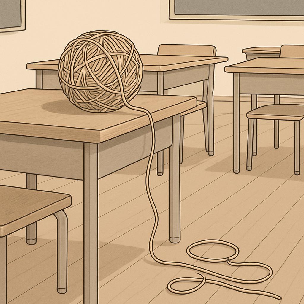 A cartoon-style classroom with a ball of twine on a desk, with some desks missing and an additional piece of twine on the ...