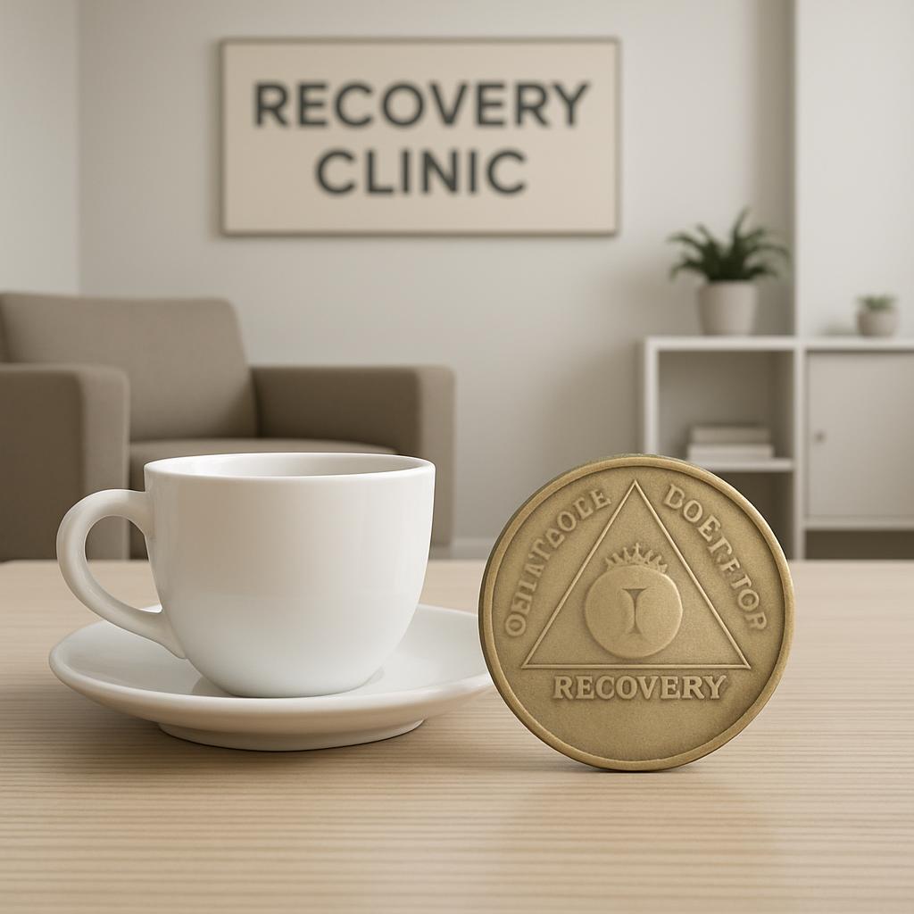 The image depicts a table with a white coffee cup and saucer, accompanied by a gold medallion featuring a triangle with li...